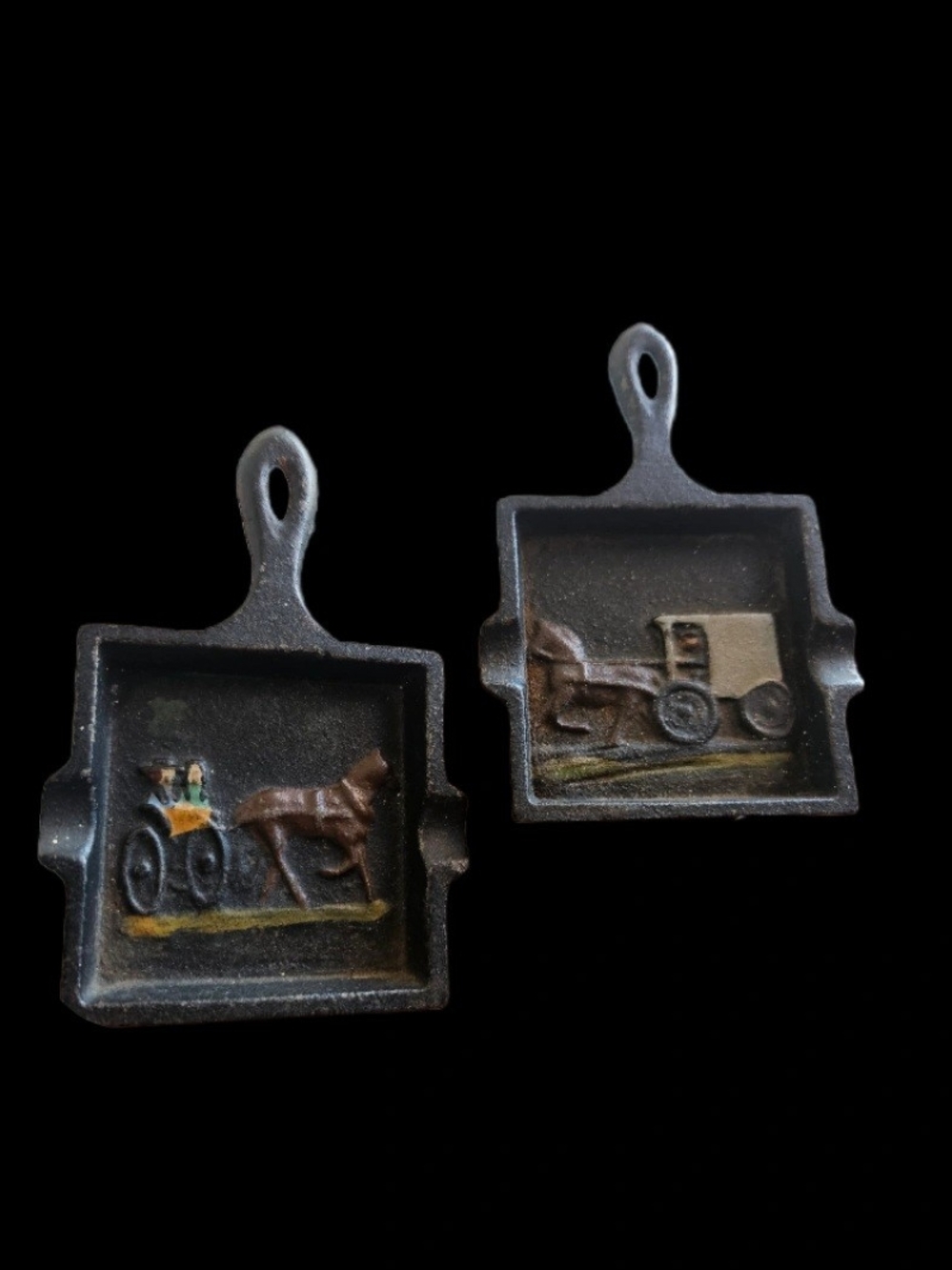 Vintage Painted Cast Iron Miniature Skillets - Amish Horse & Buggy